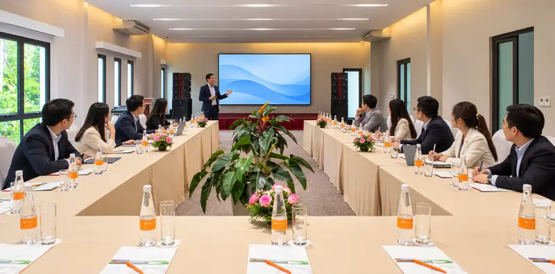 Buổi họp bố trí bàn chữ U trong phòng họp có cửa kính nhìn cây xanh ở Flamingo Đại Lải
